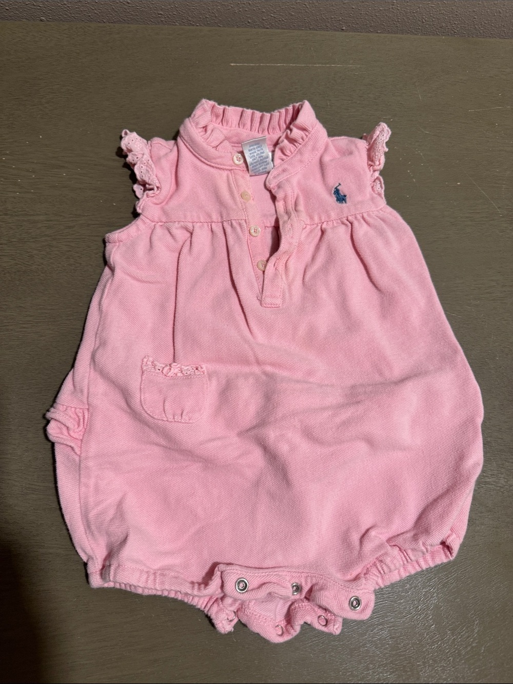 Ralph Lauren Pink Ruffle-Neck Cotton Baby Romper size 9M